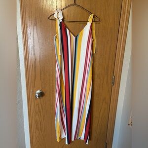 Pull&Bear Yellow, Red, White & Navy Striped Tie-Shoulder Maxi Dress